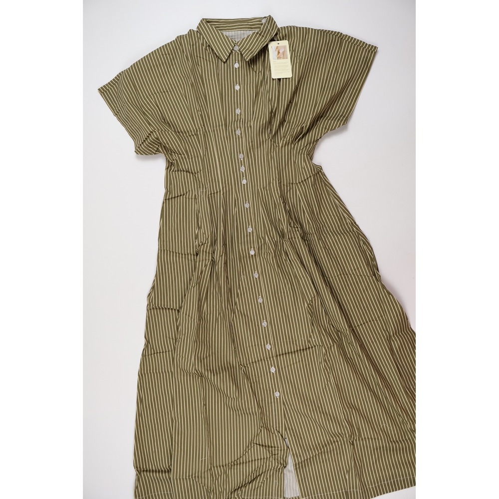 ebossy Shirt Dress Maxi Olive Green Striped S NWT